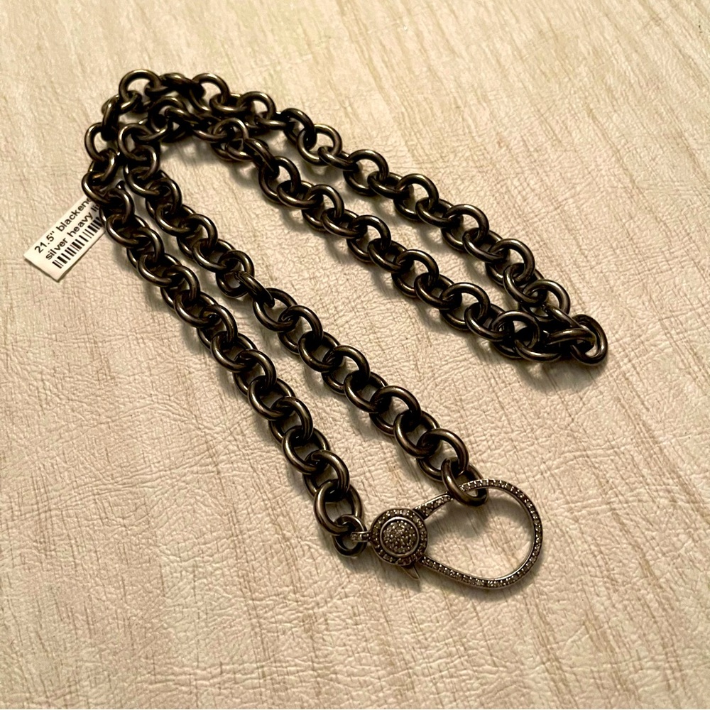 925 Sterling Silver blackened solid chain with diamond clasp closure